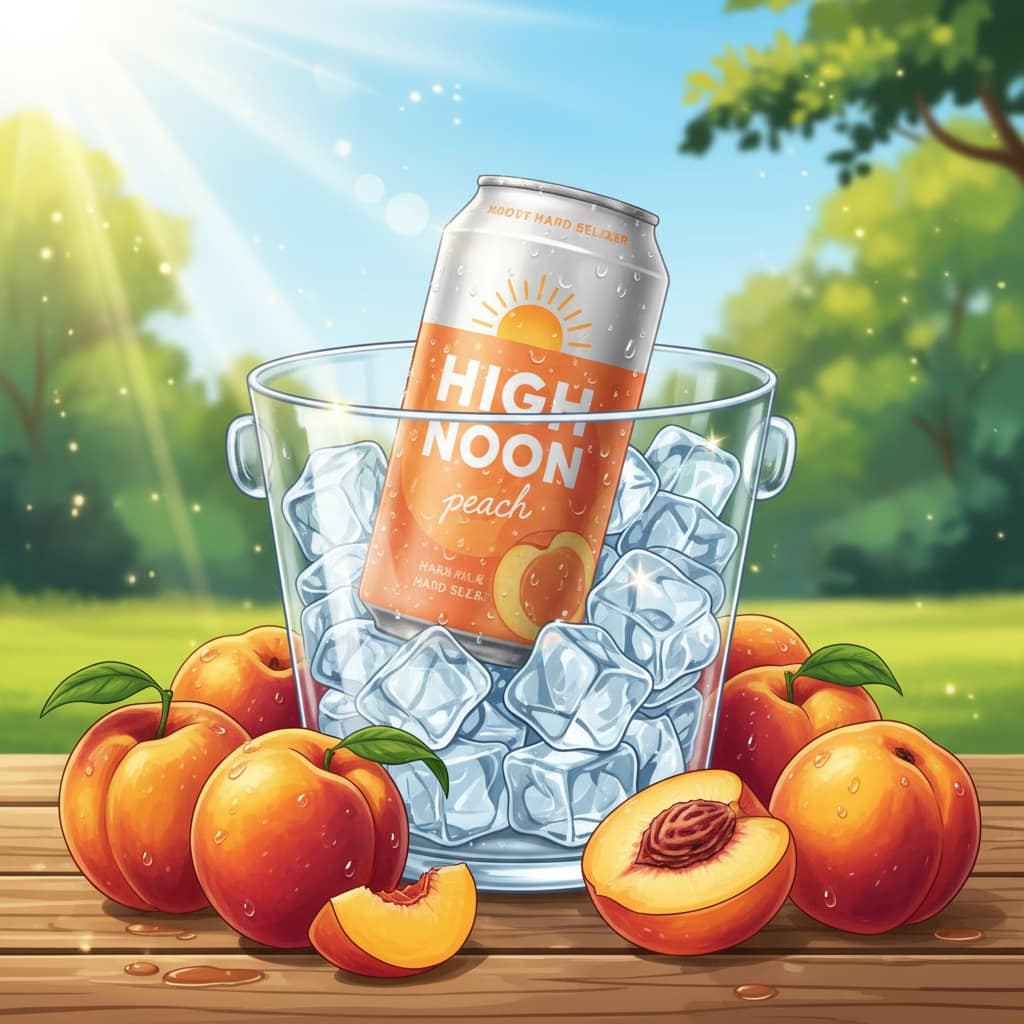 High Noon Peach Illustration: A vibrant depiction of a High Noon Peach can with fresh peaches and ice, evoking a refreshing summer vibe.