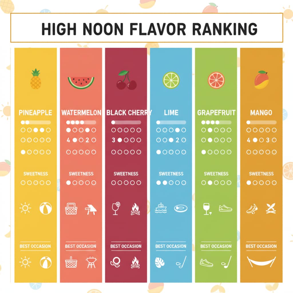 High Noon Flavor Comparison Table: A clean and professional visual ranking the top 6 High Noon flavors by sweetness, acidity, and best occasion.