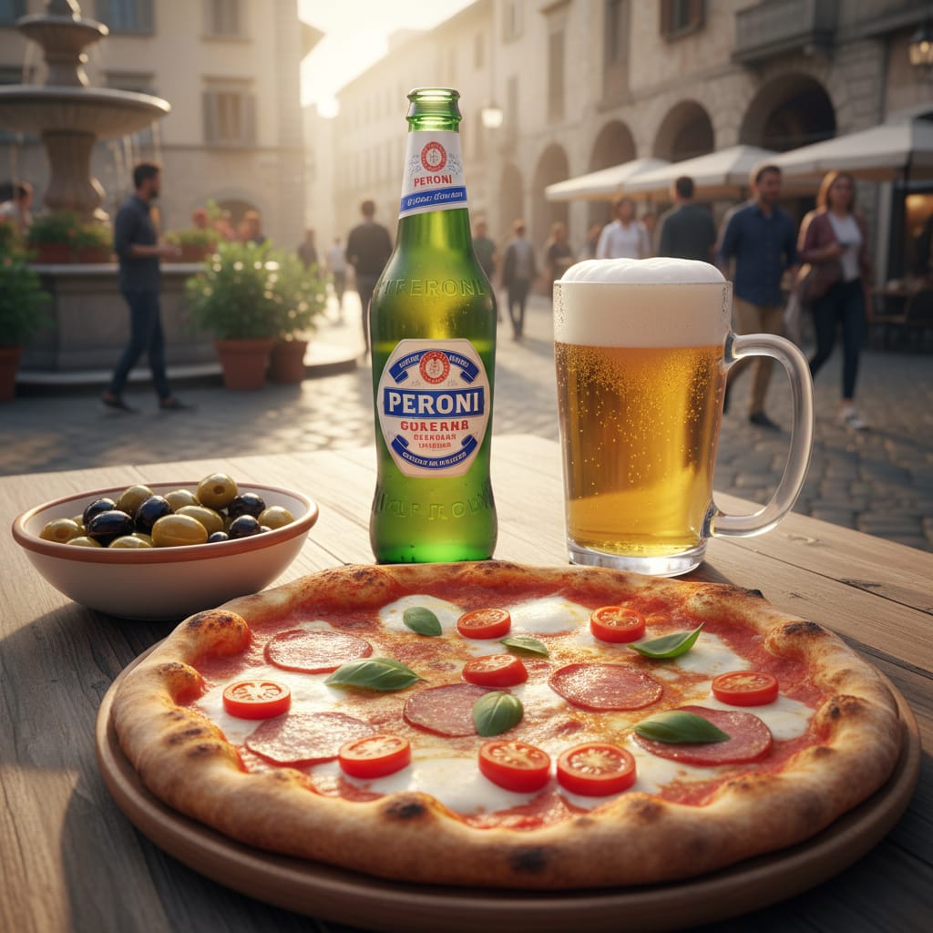Peroni Beer with Italian Table: A vibrant image of a Peroni beer bottle and glass on a rustic Italian table with pizza and olives, set in a sunny piazza.