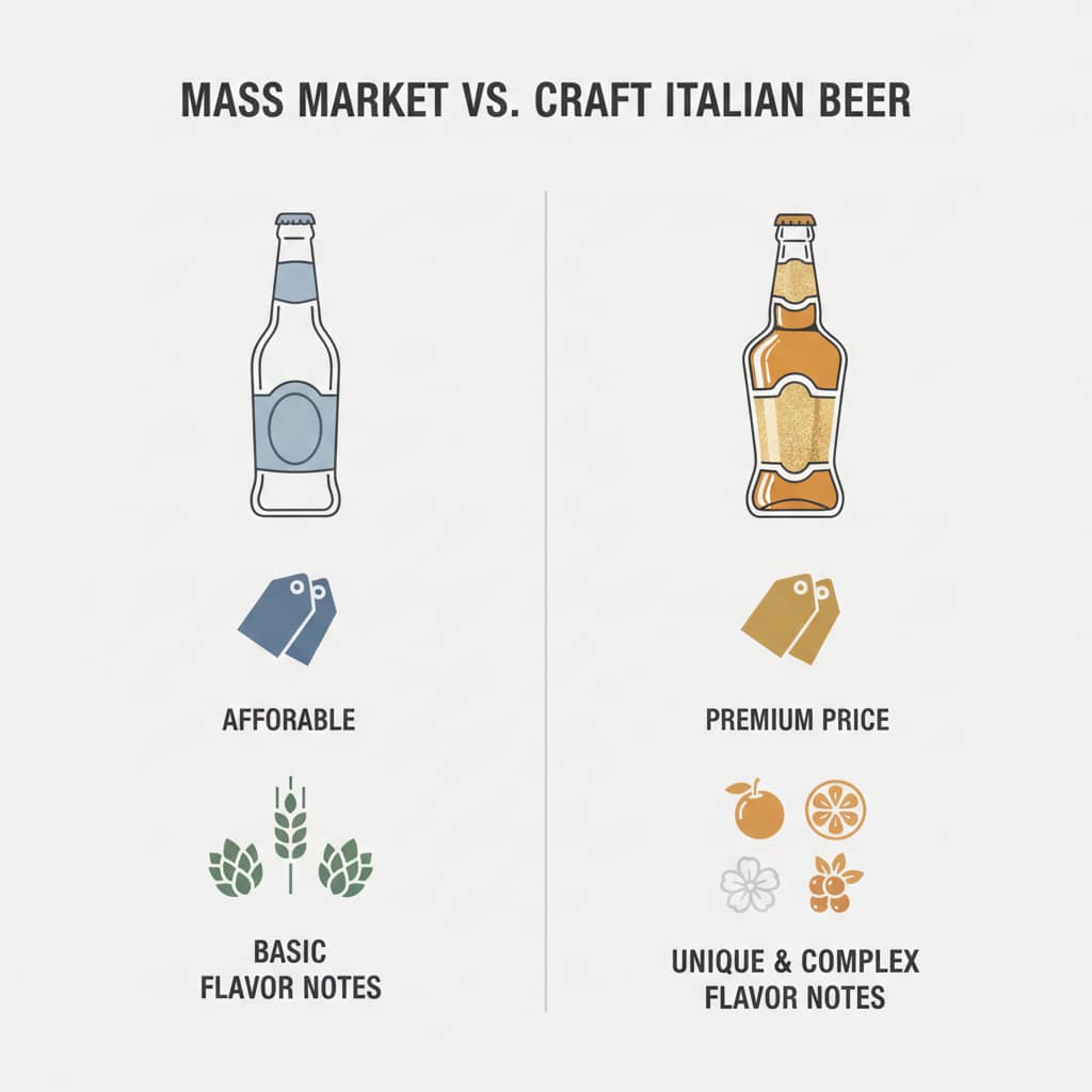 Mass Market vs Craft Beer Chart: A clean, modern comparison chart-style image highlighting differences between mass-market and craft Italian beers.