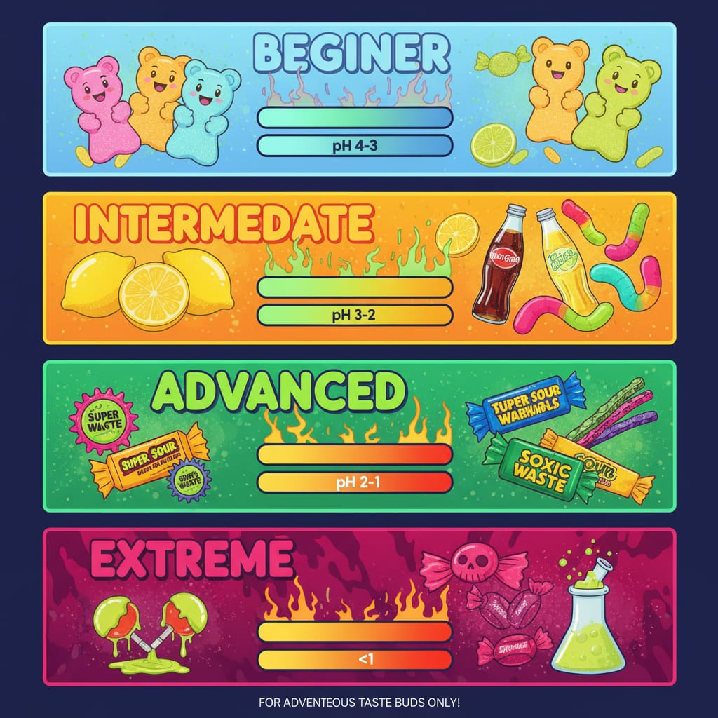 A visual intensity tier chart for sour candies.