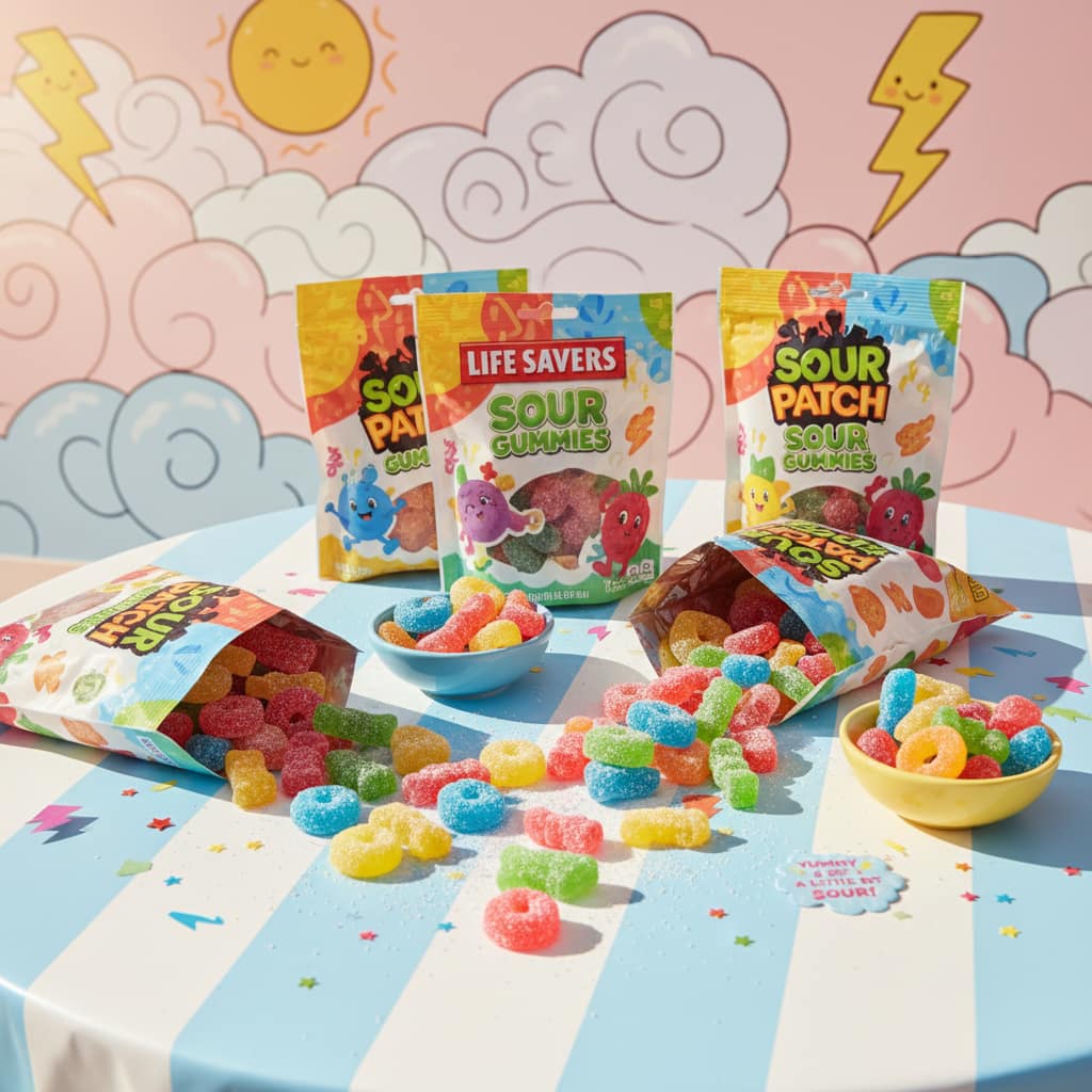 Beginner-level sour candies like Sour Patch Kids and Life Savers Gummies.