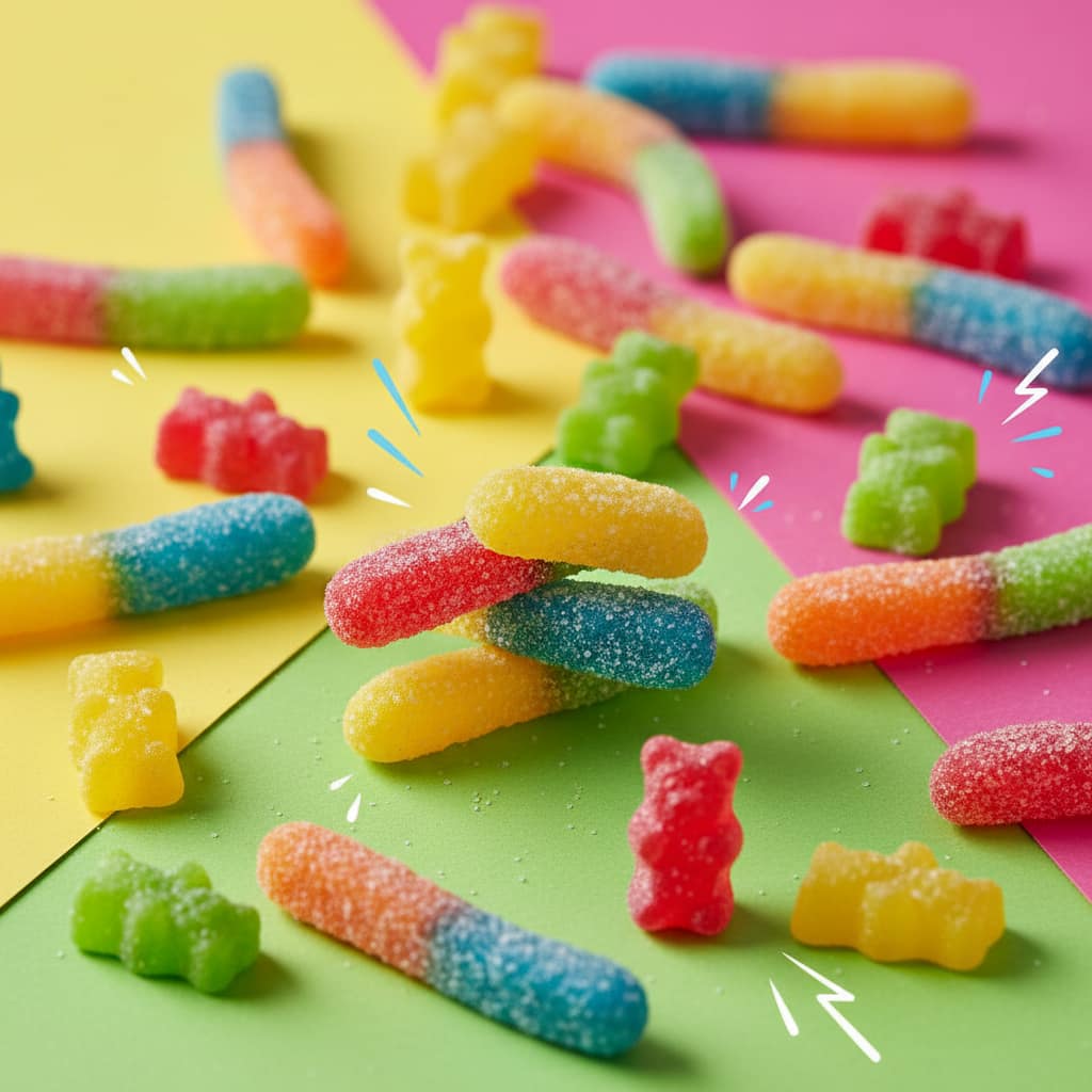 Intermediate-level sour candies like Trolli Sour Brite Crawlers and Haribo Sour Goldbears.