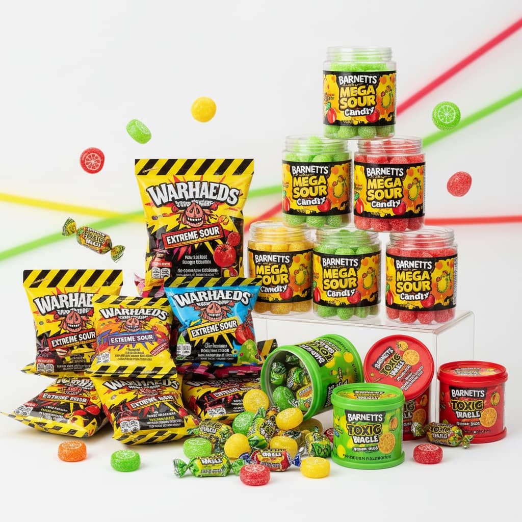 Extreme sour candies like Warheads, Toxic Waste, and Barnetts Mega Sour.