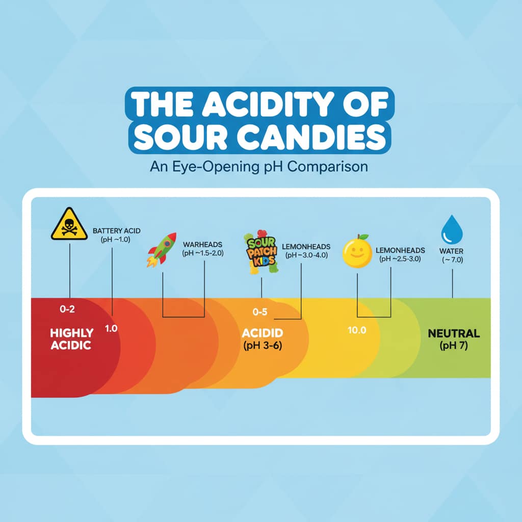 A pH scale comparing the acidity levels of sour candies to battery acid and water.