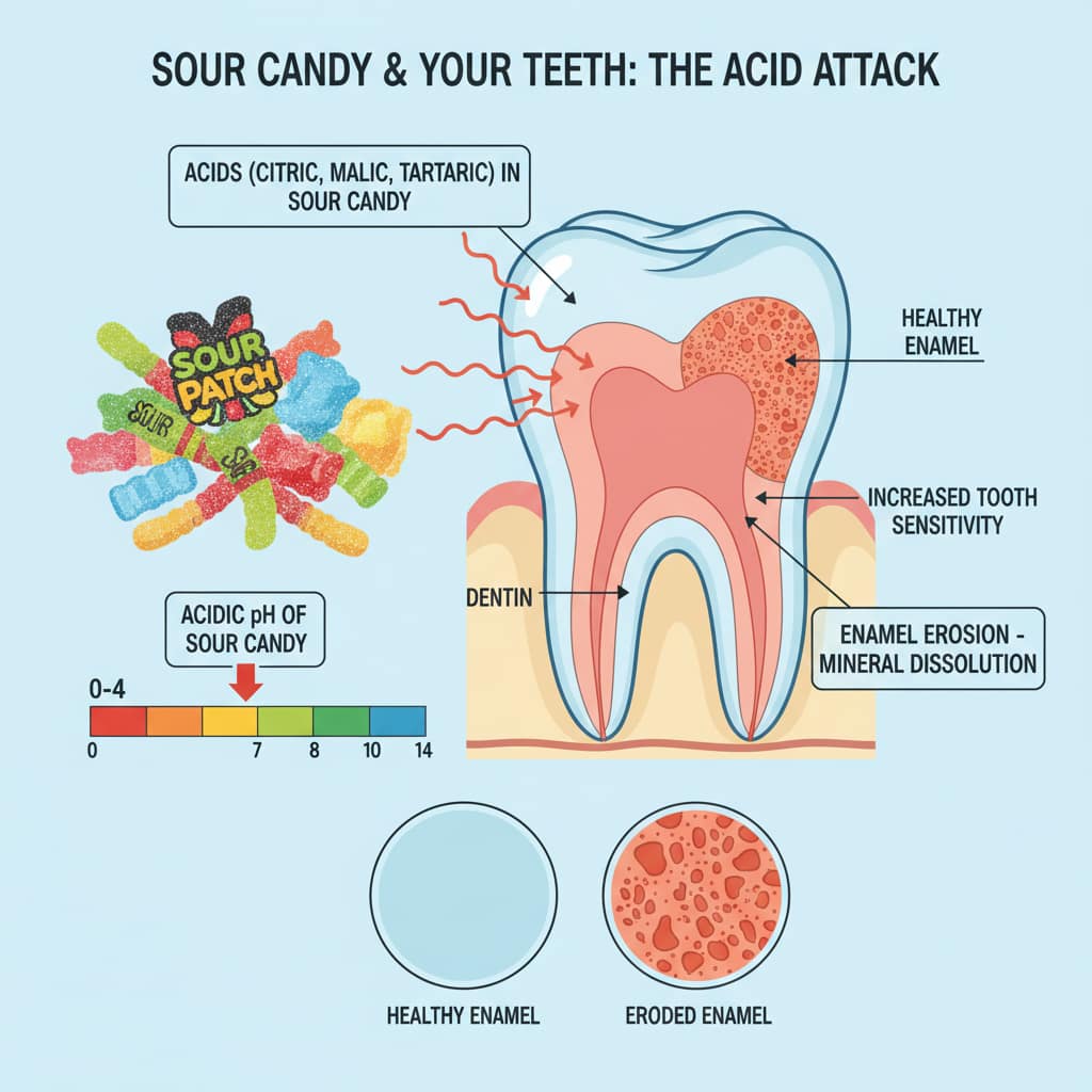 A diagram showing enamel erosion caused by sour candies.