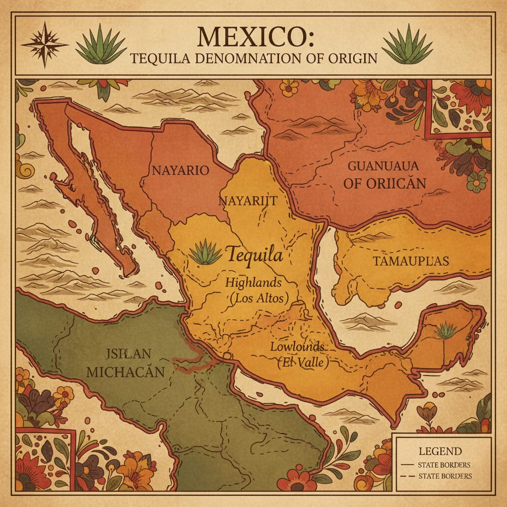 Map highlighting tequila-producing regions in Mexico, including Jalisco and the town of Tequila.