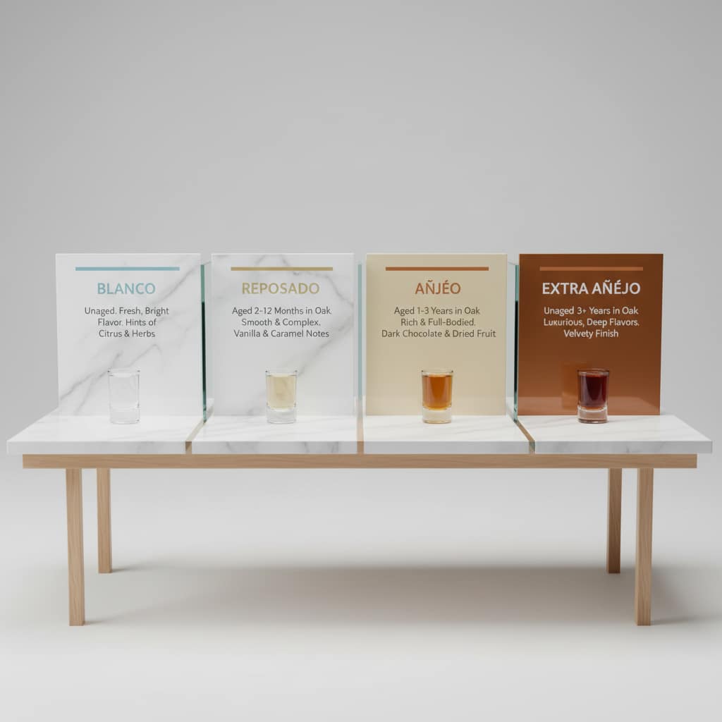 Table comparing Blanco, Reposado, Añejo, and Extra Añejo tequilas with aging times and flavor profiles.