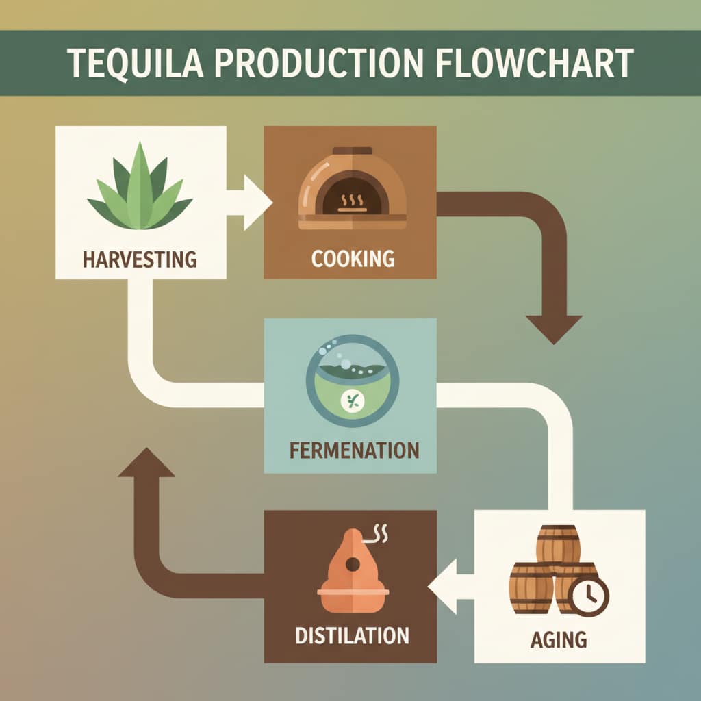 Infographic showing the tequila-making process, from harvesting agave to distillation and aging.