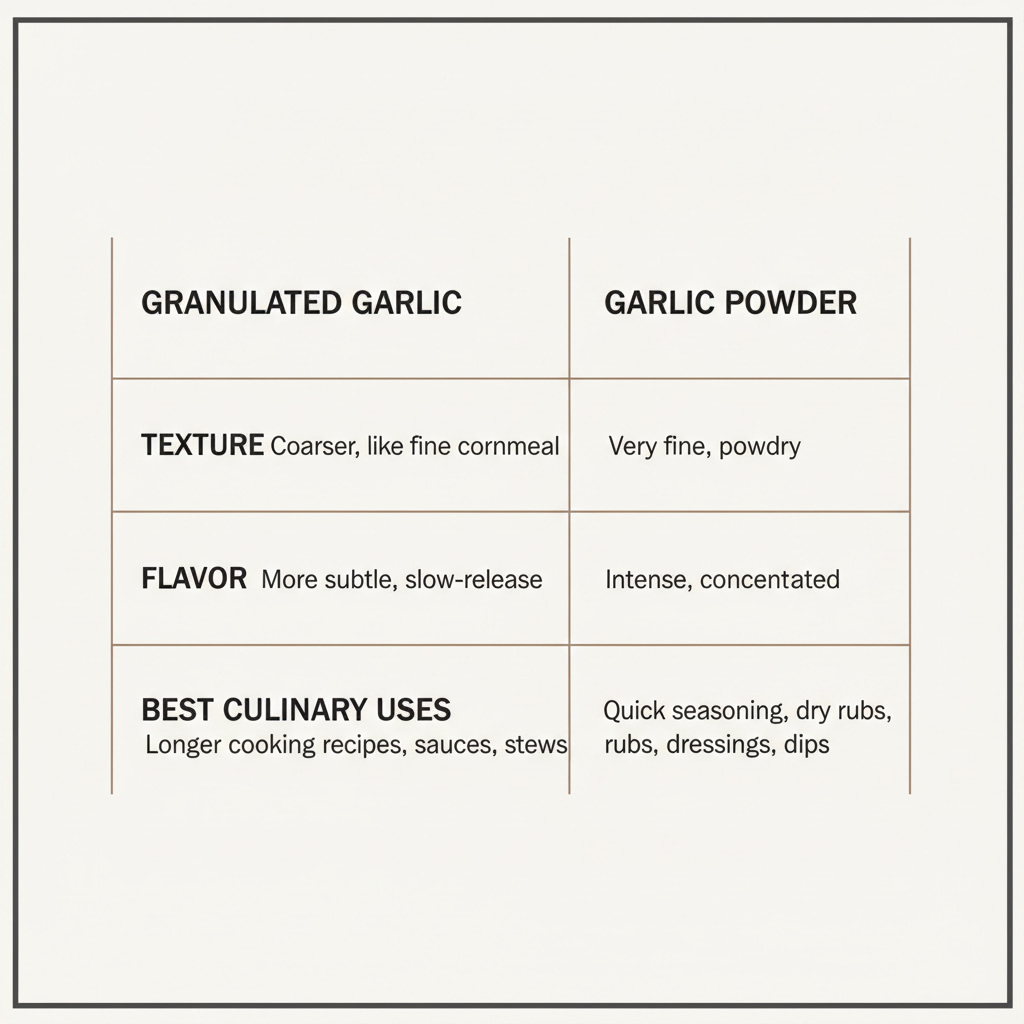 Highlights differences between granulated garlic and garlic powder