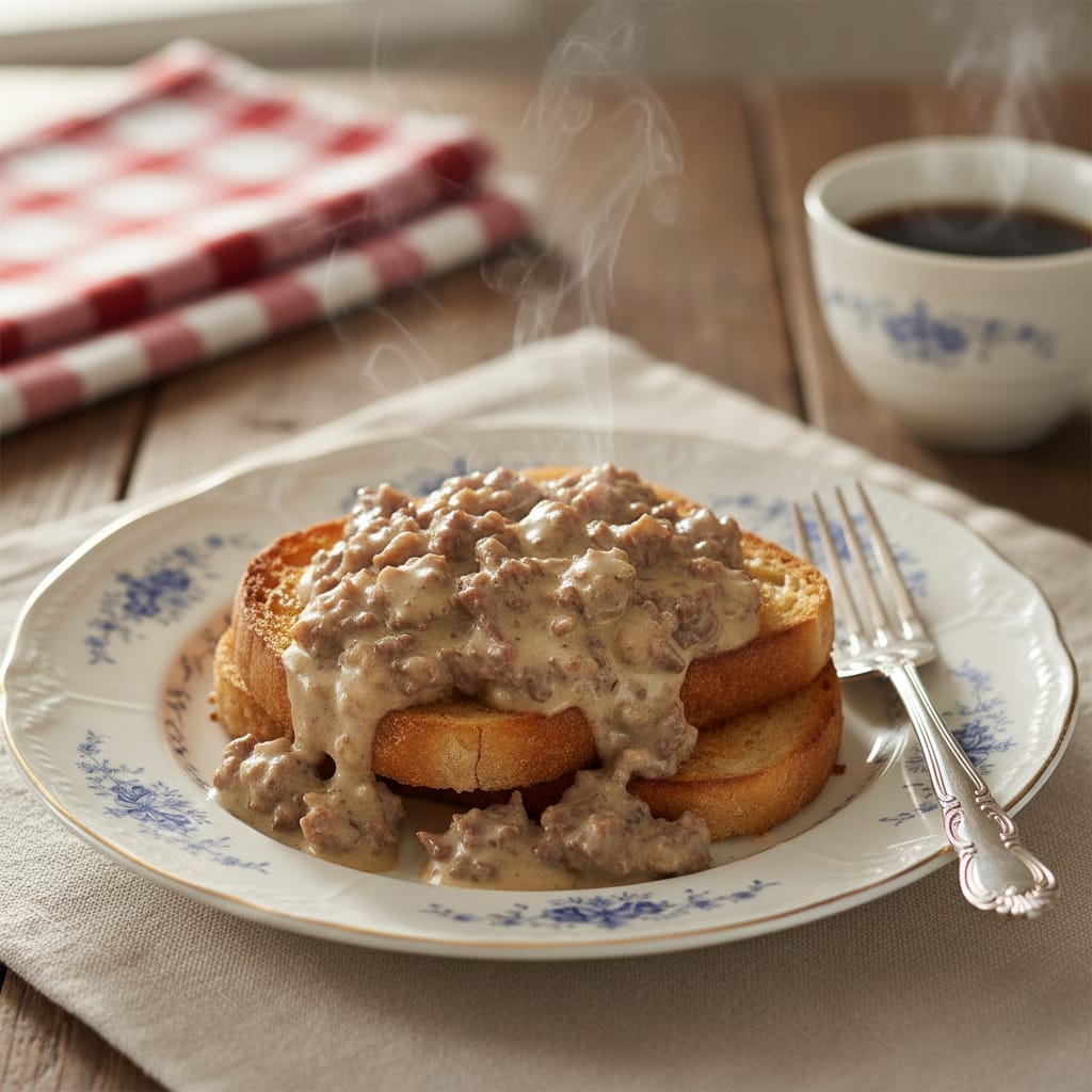 Classic Shit on a Shingle creamed chipped beef served on golden toast.