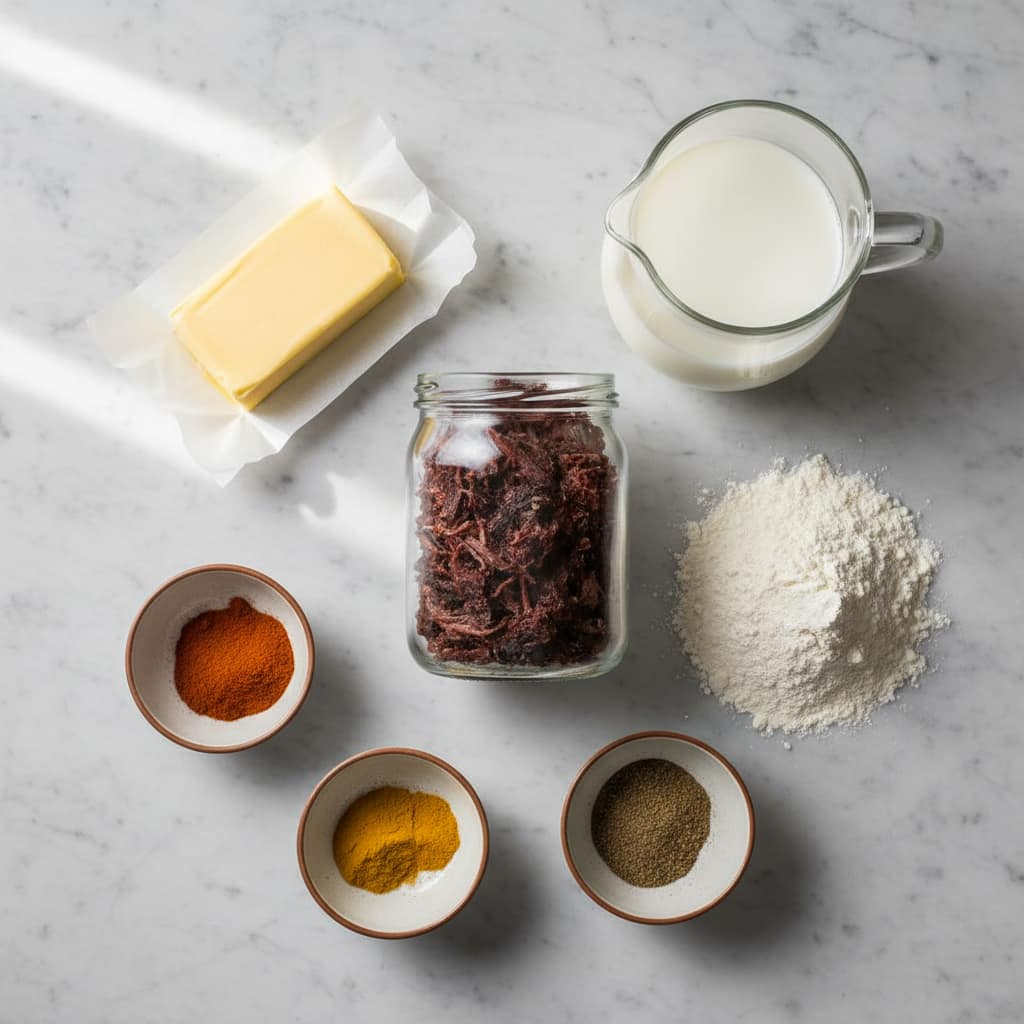 Ingredients for shit on a shingle recipe including dried beef and milk.