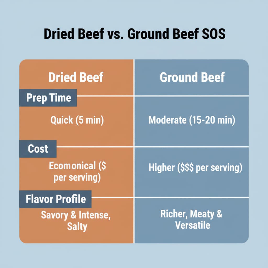 Dried Beef vs. Ground Beef SOS – a simple visual comparing prep time, cost, and flavor profile.