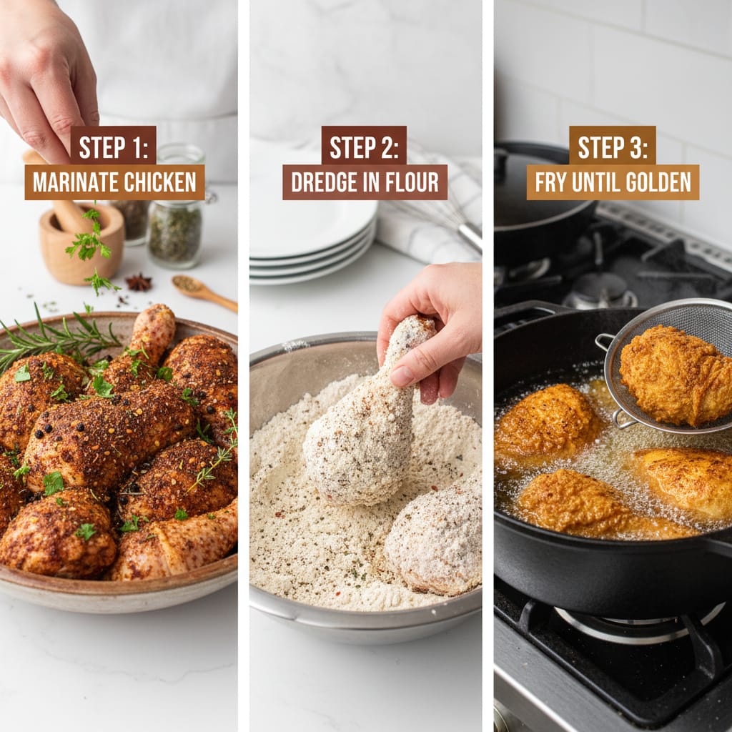 Making Broasted Chicken Steps: A step-by-step visual guide.