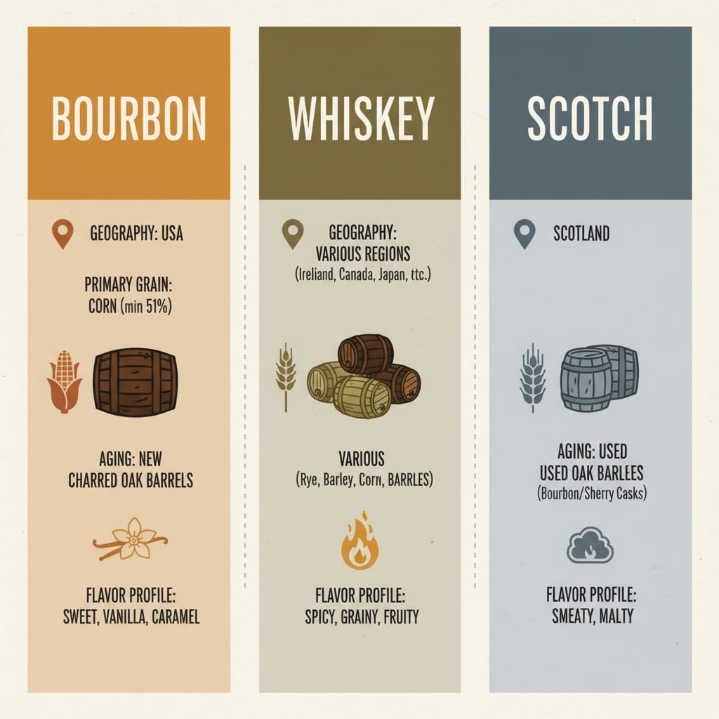 A clear comparison of bourbon, whiskey, and scotch.