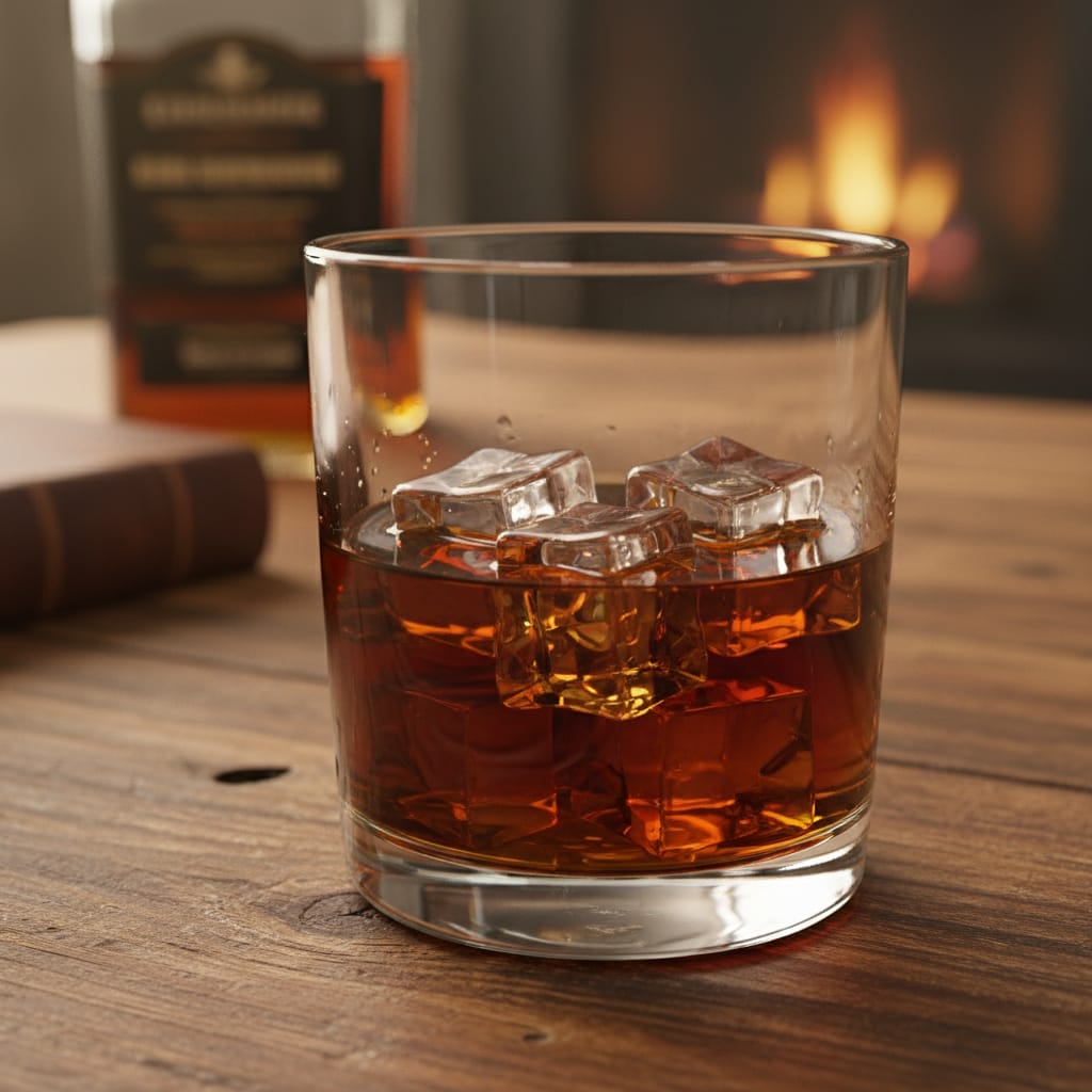 A warm, inviting shot of bourbon on the rocks.