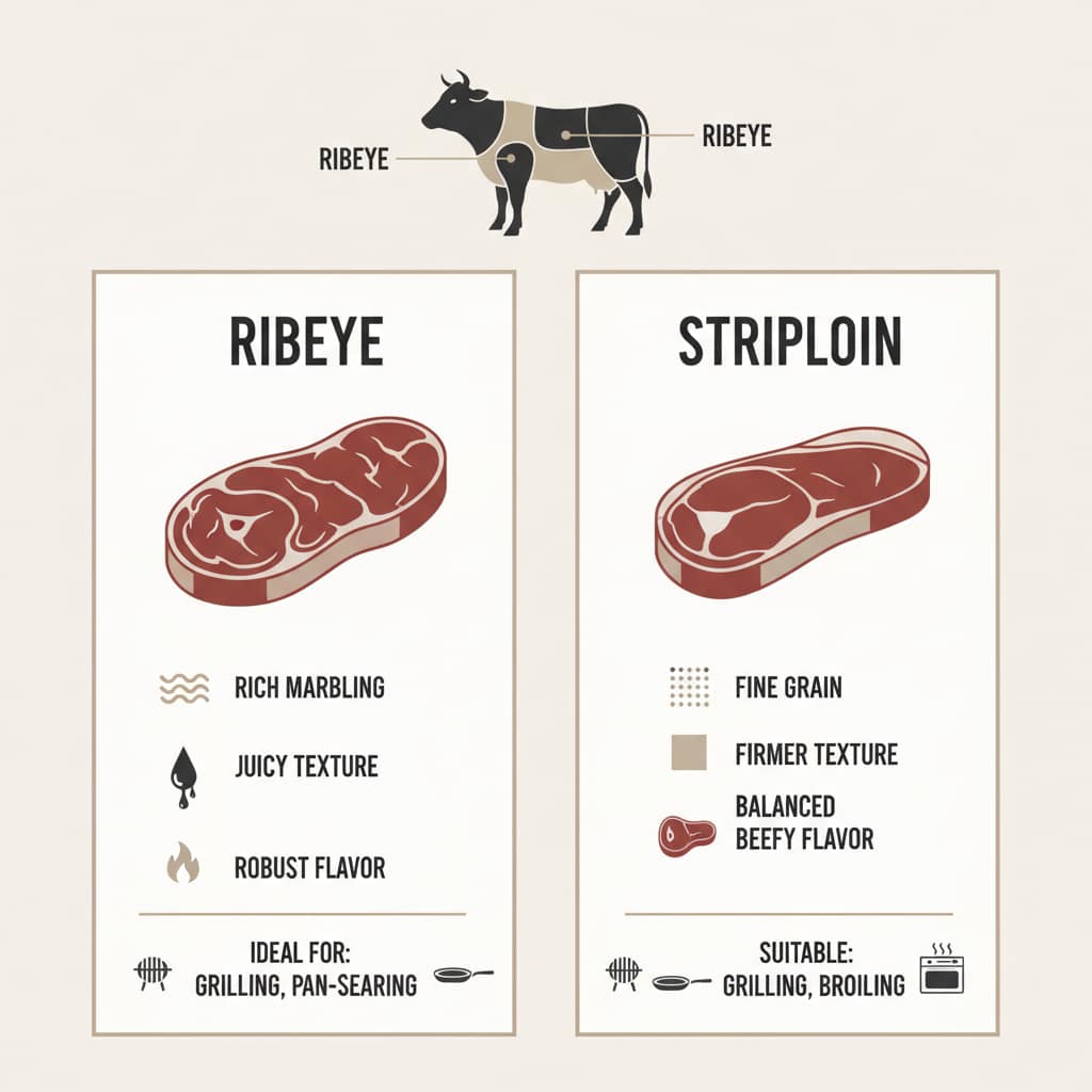 Ribeye vs Striploin Infographic: A clear comparison of the two steak cuts.