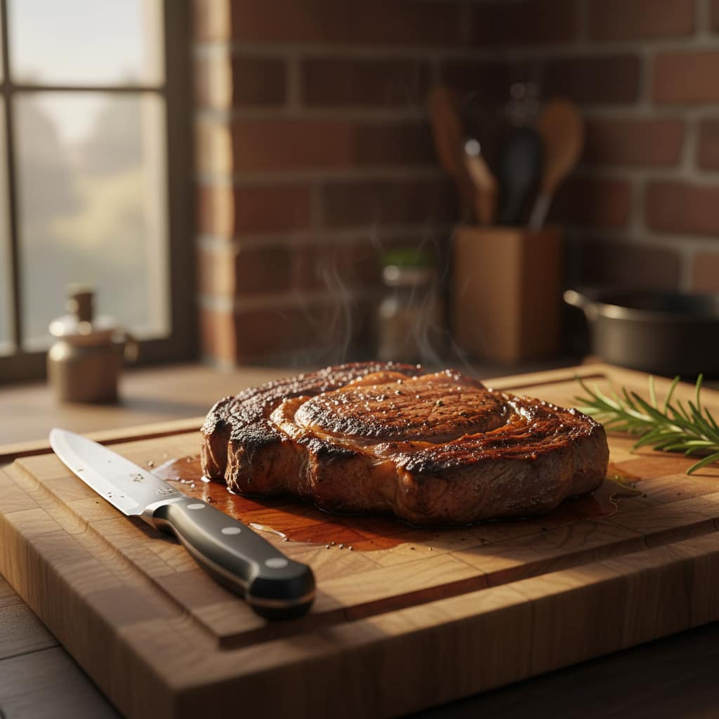 Ribeye Steak Display: A high-quality image showcasing the marbling and texture of a ribeye steak.