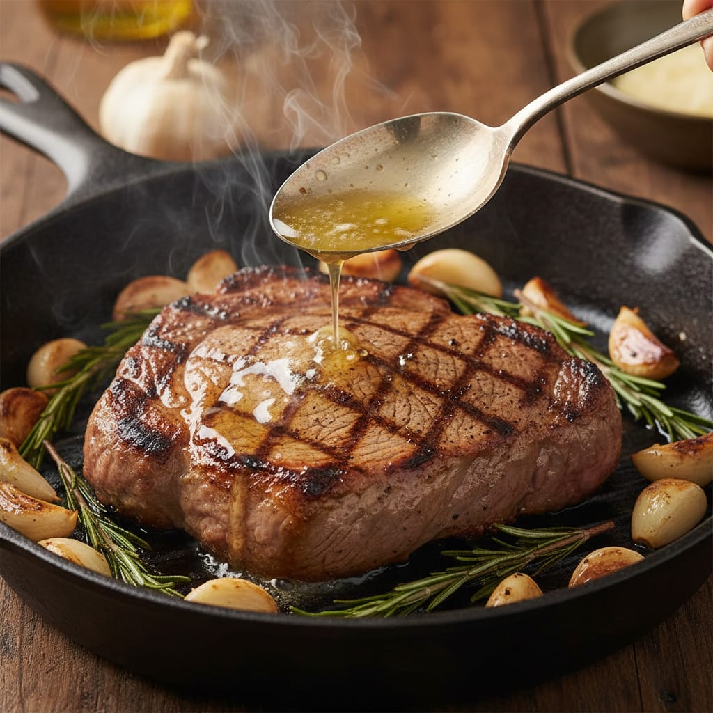 Seared Chuck Eye Steak: A sizzling cast-iron skillet with a seared chuck eye steak, garlic, rosemary, and butter.