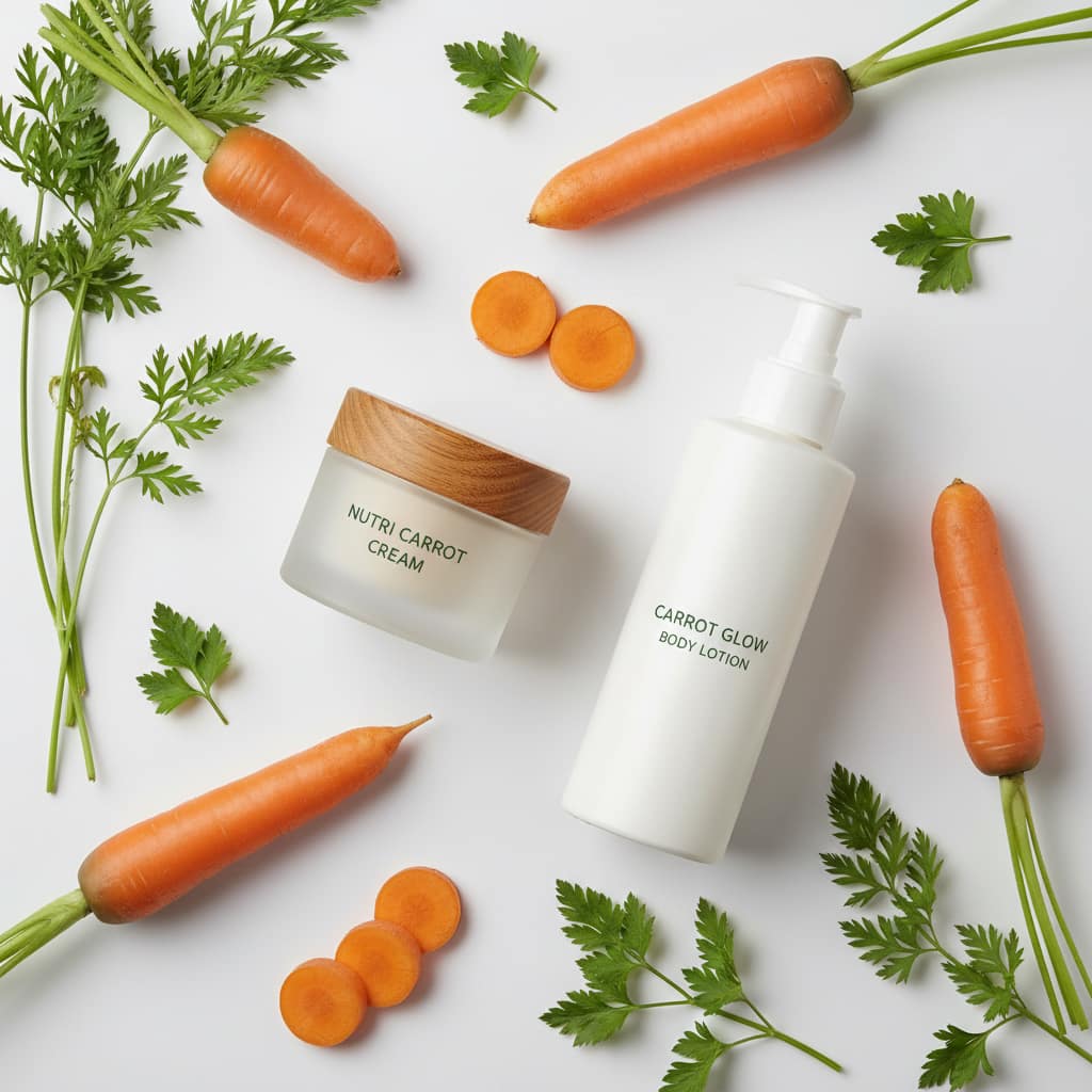 Nutri Carrot Products Display: A flat lay of Nutri Carrot cream and lotion surrounded by fresh carrots and green leaves.