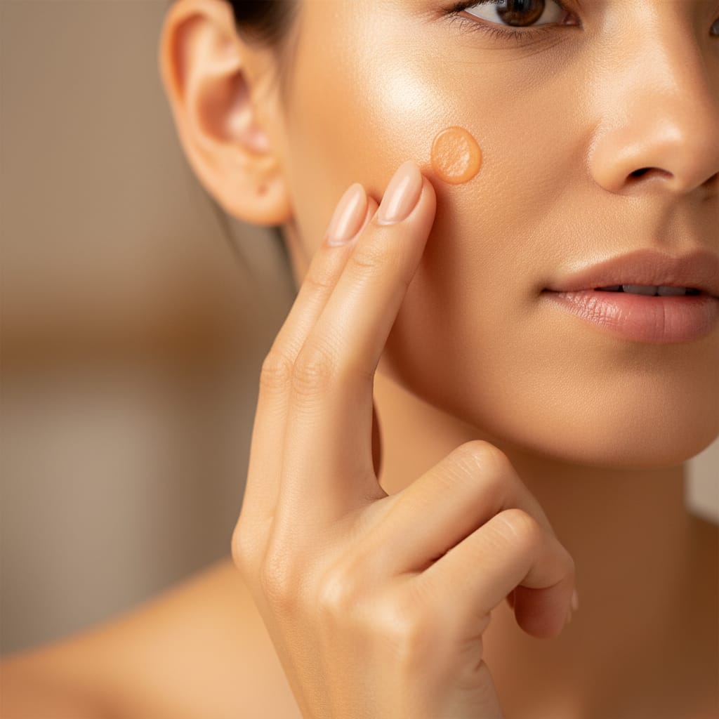 Applying Nutri Carrot Cream: A close-up of a person applying orange-tinted cream to their cheek.
